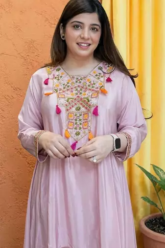 Women Ethnic Motifs Embroidered Regular Thread Work Silk Crepe Kurta with Palazzos