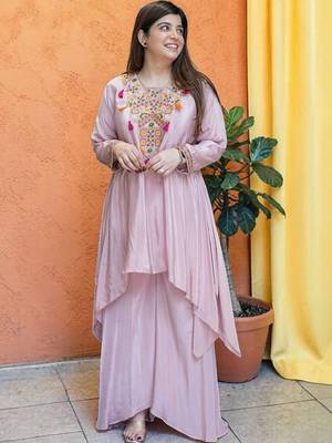 Women Ethnic Motifs Embroidered Regular Thread Work Silk Crepe Kurta with Palazzos 7