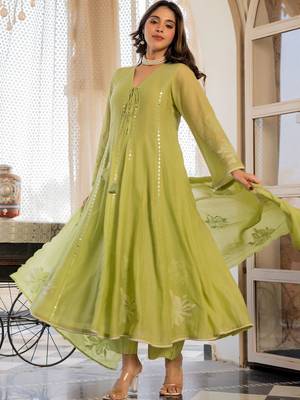 Women Empire Mirror Work Chanderi Silk Kurta with Palazzos & With Dupatta 1