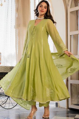 Women Empire Mirror Work Chanderi Silk Kurta with Palazzos & With Dupatta
