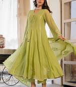 Women Empire Mirror Work Chanderi Silk Kurta with Palazzos & With Dupatta