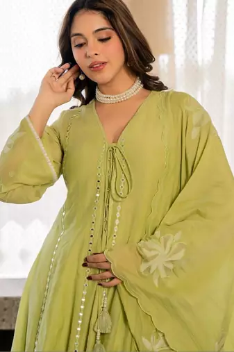 Women Empire Mirror Work Chanderi Silk Kurta with Palazzos & With Dupatta
