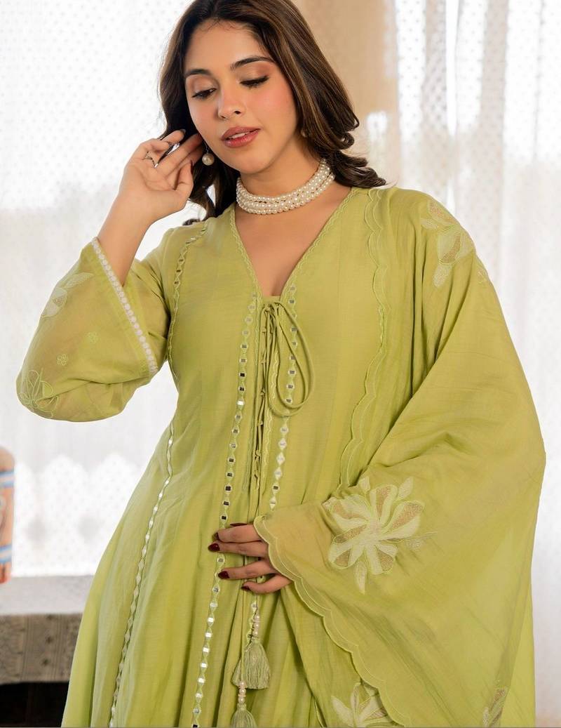 Women Empire Mirror Work Chanderi Silk Kurta with Palazzos & With Dupatta