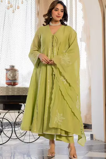 Women Empire Mirror Work Chanderi Silk Kurta with Palazzos & With Dupatta