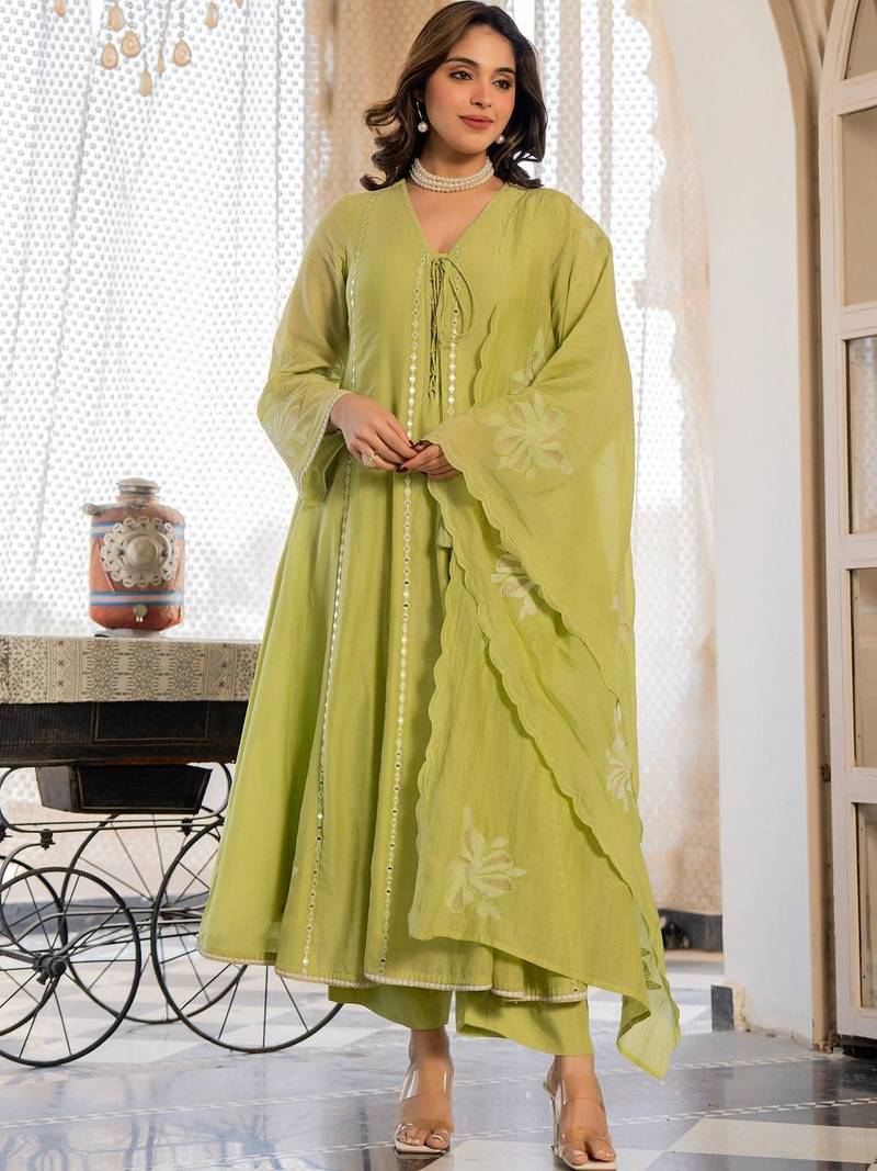 Women Empire Mirror Work Chanderi Silk Kurta with Palazzos & With Dupatta