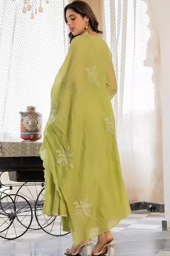Women Empire Mirror Work Chanderi Silk Kurta with Palazzos & With Dupatta