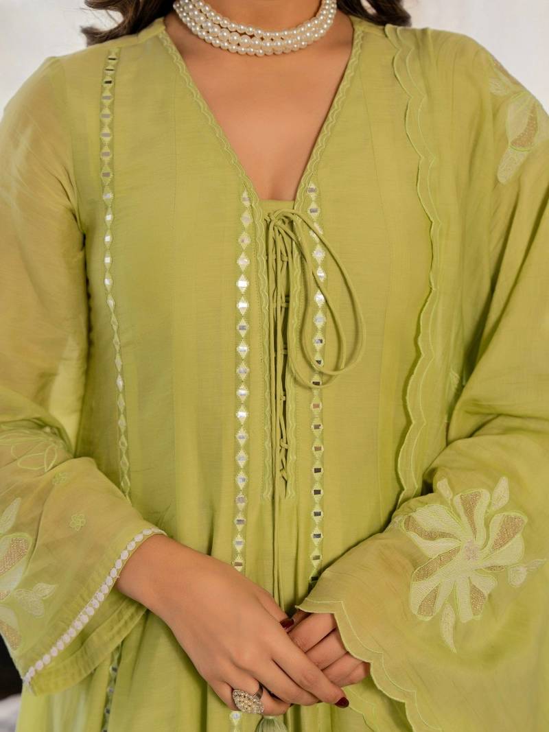 Women Empire Mirror Work Chanderi Silk Kurta with Palazzos & With Dupatta