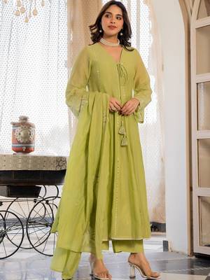 Women Empire Mirror Work Chanderi Silk Kurta with Palazzos & With Dupatta 6