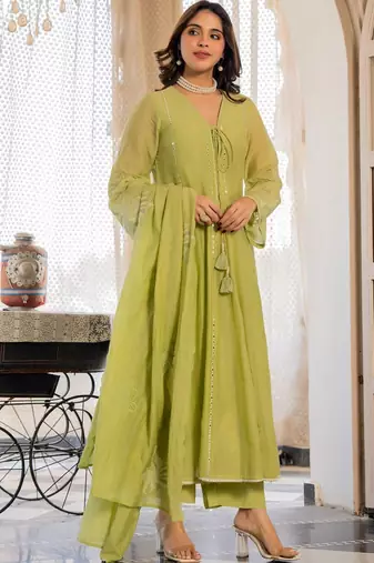 Women Empire Mirror Work Chanderi Silk Kurta with Palazzos & With Dupatta