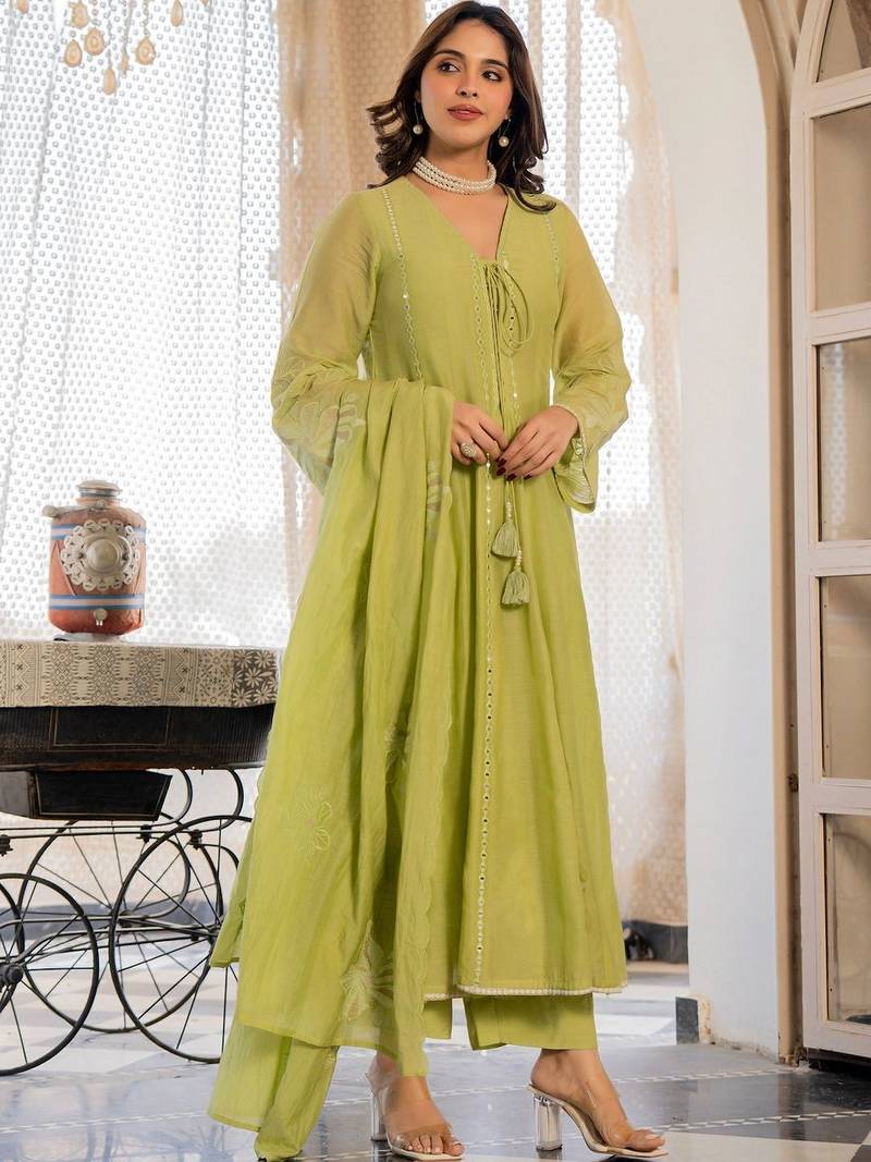 Women Empire Mirror Work Chanderi Silk Kurta with Palazzos & With Dupatta