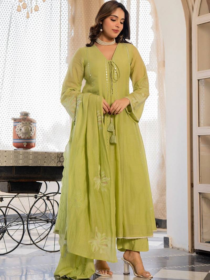 Women Empire Mirror Work Chanderi Silk Kurta with Palazzos & With Dupatta