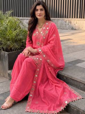 Women Ethnic Motifs Embroidered Regular Mirror Work Pure Silk Kurta with Patiala & With Dupatta 1