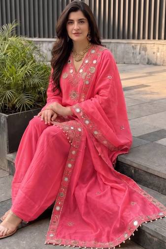 Women Ethnic Motifs Embroidered Regular Mirror Work Pure Silk Kurta with Patiala & With Dupatta