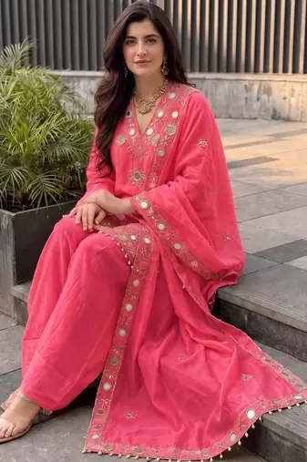 Women Ethnic Motifs Embroidered Regular Mirror Work Pure Silk Kurta with Patiala & With Dupatta