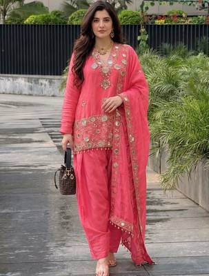 Women Ethnic Motifs Embroidered Regular Mirror Work Pure Silk Kurta with Patiala & With Dupatta 2