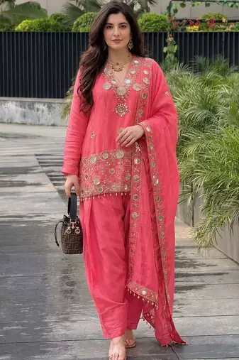 Women Ethnic Motifs Embroidered Regular Mirror Work Pure Silk Kurta with Patiala & With Dupatta