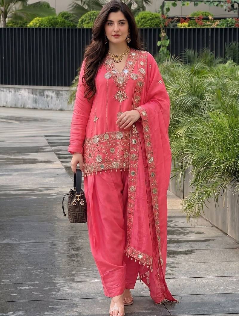 Women Ethnic Motifs Embroidered Regular Mirror Work Pure Silk Kurta with Patiala & With Dupatta