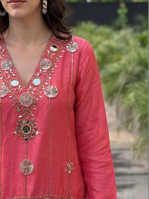 Women Ethnic Motifs Embroidered Regular Mirror Work Pure Silk Kurta with Patiala & With Dupatta 5