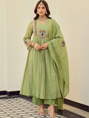 Women Ethnic Motifs Embroidered Regular Thread Work Chanderi Silk Kurta with Trousers & With Dupatta 2