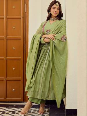 Women Ethnic Motifs Embroidered Regular Thread Work Chanderi Silk Kurta with Trousers & With Dupatta 7