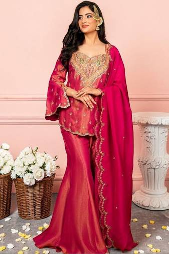 Ethnic Motifs Embroidered Regular Thread Work Kurta with Sharara & With Dupatta