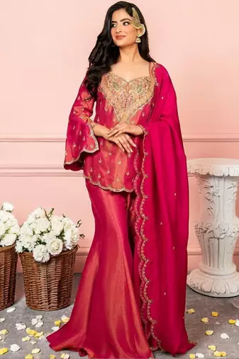 Ethnic Motifs Embroidered Regular Thread Work Kurta with Sharara & With Dupatta