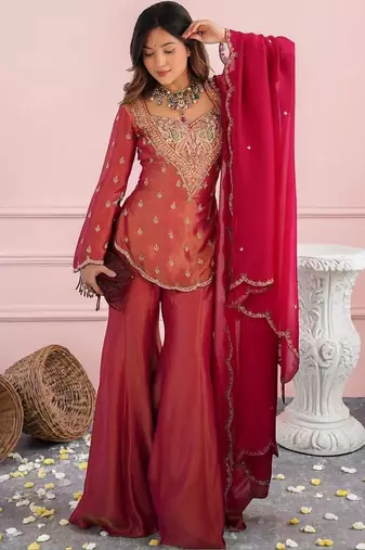 Ethnic Motifs Embroidered Regular Thread Work Kurta with Sharara & With Dupatta