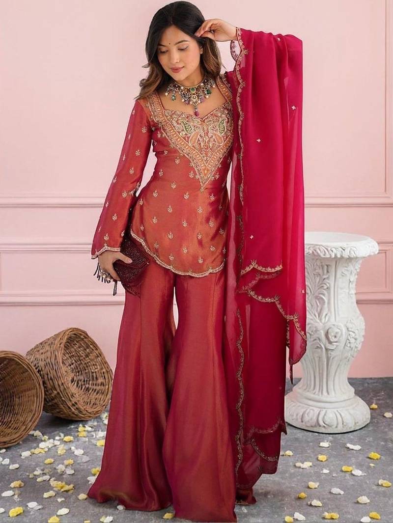 Ethnic Motifs Embroidered Regular Thread Work Kurta with Sharara & With Dupatta