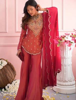 Ethnic Motifs Embroidered Regular Thread Work Kurta with Sharara & With Dupatta 3