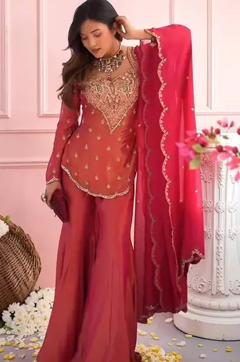 Ethnic Motifs Embroidered Regular Thread Work Kurta with Sharara & With Dupatta