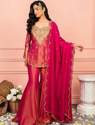 Ethnic Motifs Embroidered Regular Thread Work Kurta with Sharara & With Dupatta 4