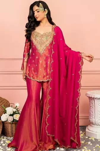 Ethnic Motifs Embroidered Regular Thread Work Kurta with Sharara & With Dupatta