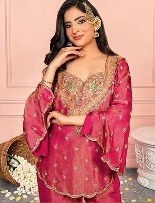 Ethnic Motifs Embroidered Regular Thread Work Kurta with Sharara & With Dupatta 5