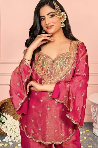 Ethnic Motifs Embroidered Regular Thread Work Kurta with Sharara & With Dupatta