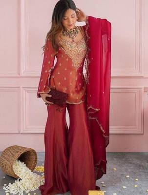 Ethnic Motifs Embroidered Regular Thread Work Kurta with Sharara & With Dupatta 6