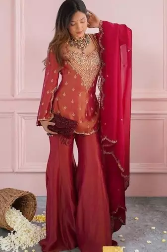 Ethnic Motifs Embroidered Regular Thread Work Kurta with Sharara & With Dupatta