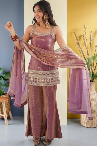 Women Ethnic Motifs Embroidered Regular Kurta with Sharara & With Dupatta