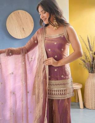 Women Ethnic Motifs Embroidered Regular Kurta with Sharara & With Dupatta 5