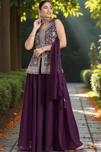 Women Ethnic Motifs Embroidered Regular Silk Georgette Kurti with Palazzos & With Dupatta