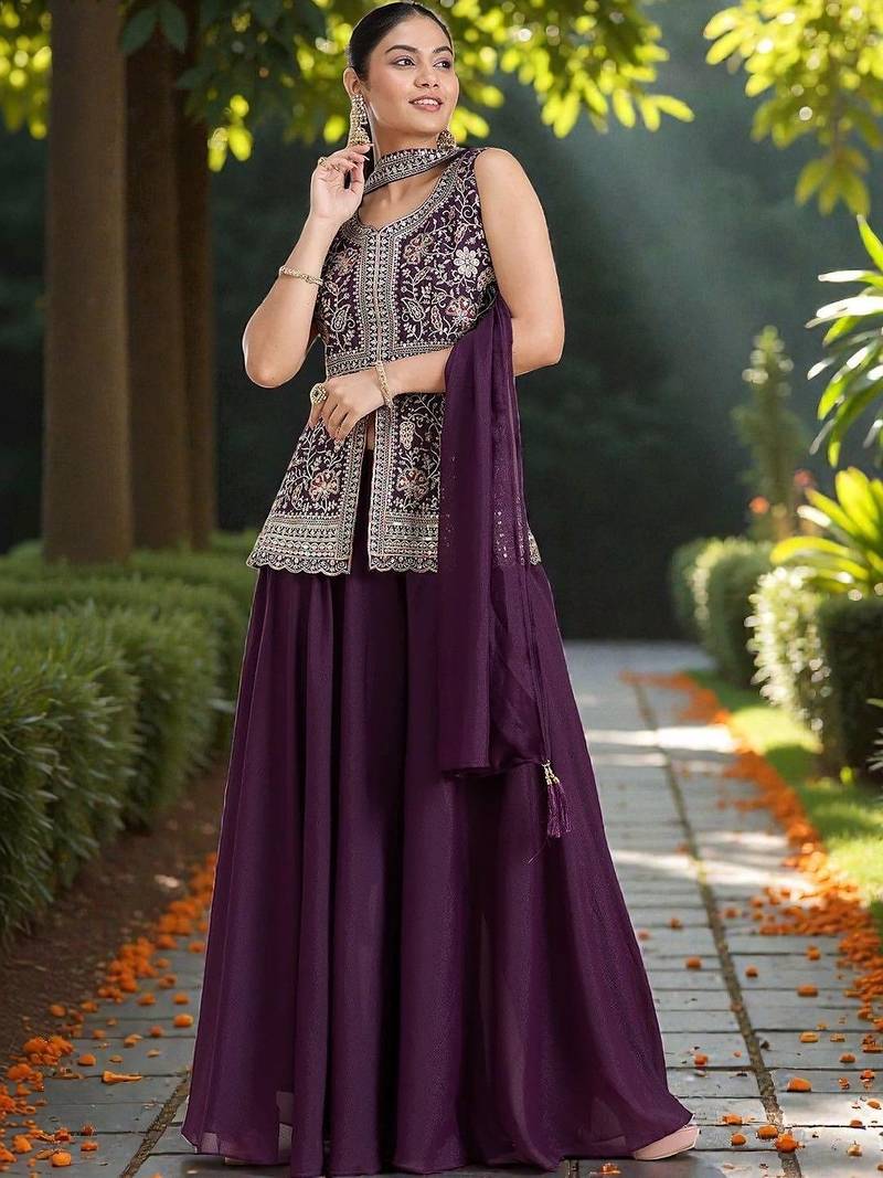 Women Ethnic Motifs Embroidered Regular Silk Georgette Kurti with Palazzos & With Dupatta