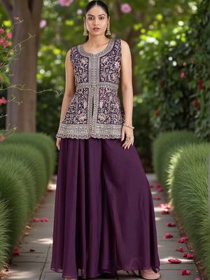 Women Ethnic Motifs Embroidered Regular Silk Georgette Kurti with Palazzos & With Dupatta 2
