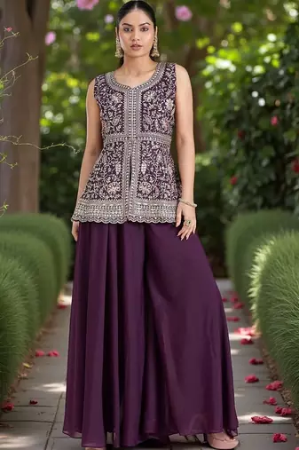 Women Ethnic Motifs Embroidered Regular Silk Georgette Kurti with Palazzos & With Dupatta