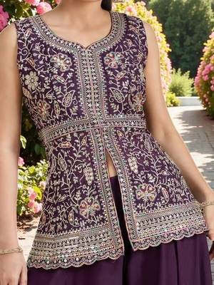 Women Ethnic Motifs Embroidered Regular Silk Georgette Kurti with Palazzos & With Dupatta 3