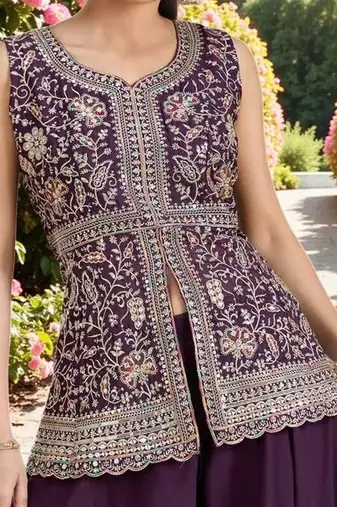 Women Ethnic Motifs Embroidered Regular Silk Georgette Kurti with Palazzos & With Dupatta