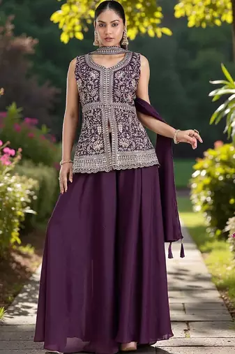 Women Ethnic Motifs Embroidered Regular Silk Georgette Kurti with Palazzos & With Dupatta