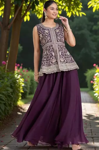 Women Ethnic Motifs Embroidered Regular Silk Georgette Kurti with Palazzos & With Dupatta