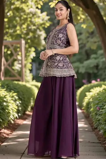 Women Ethnic Motifs Embroidered Regular Silk Georgette Kurti with Palazzos & With Dupatta