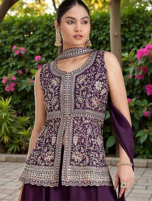 Women Ethnic Motifs Embroidered Regular Silk Georgette Kurti with Palazzos & With Dupatta 7