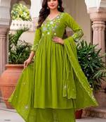 Women Floral Embroidered Empire Thread Work Kurta with Palazzos & With Dupatta