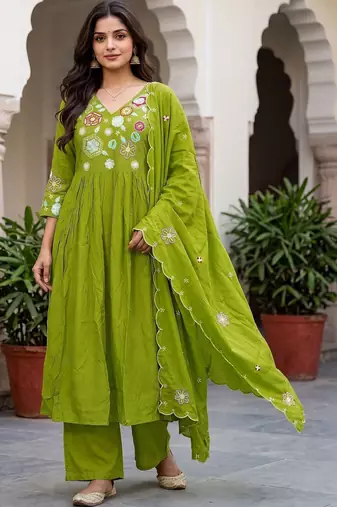 Women Floral Embroidered Empire Thread Work Kurta with Palazzos & With Dupatta